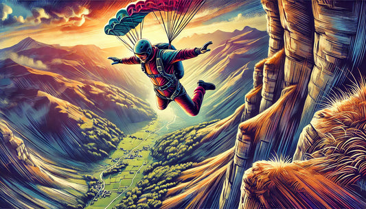 A vibrant and dynamic illustration of a BASE jumper in mid-jump, showcasing the thrill and excitement of BASE jumping.