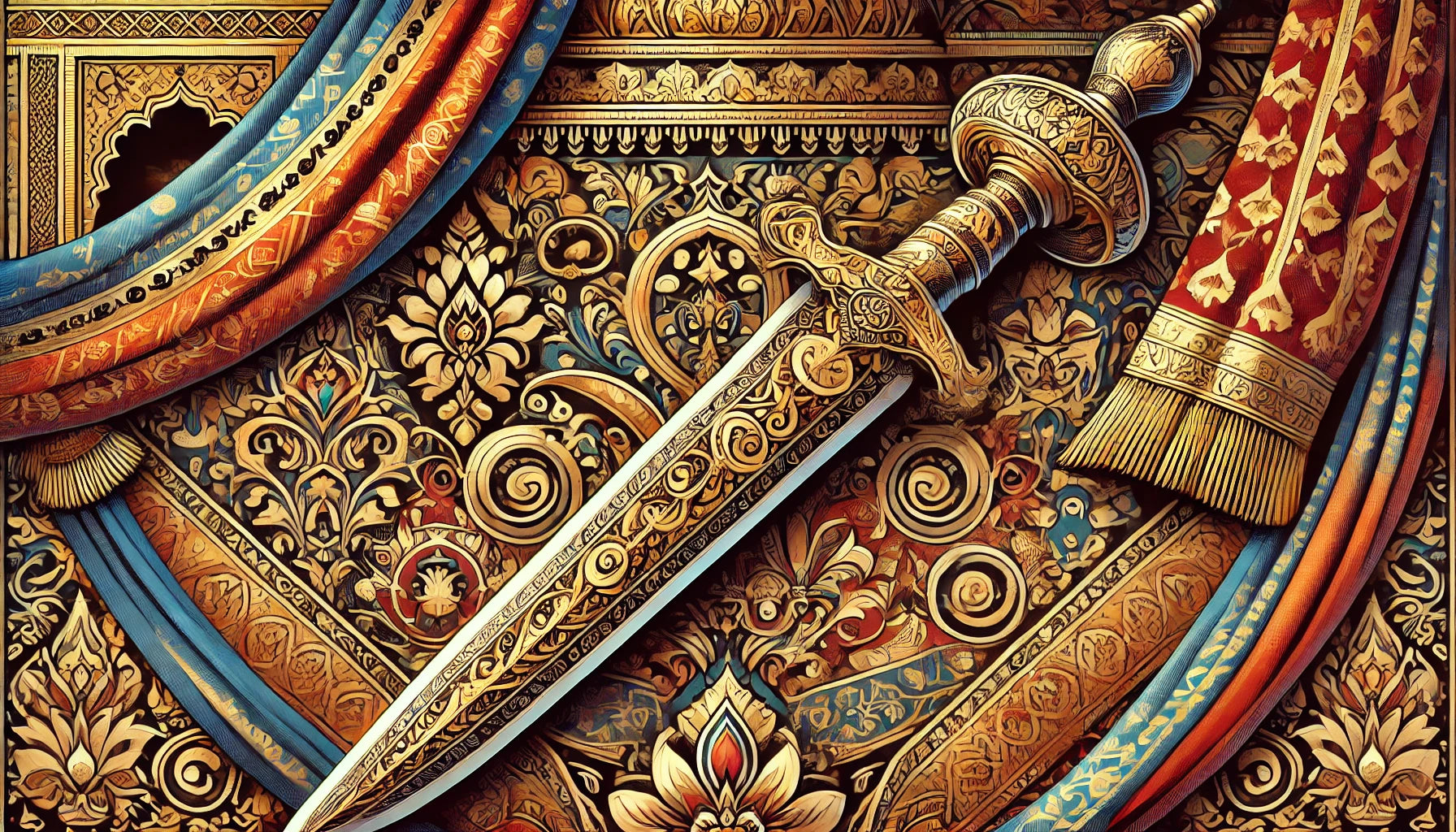 A detailed and vibrant illustration of a Khanda, the traditional Indian broad sword. The image showcases the Khanda’s broad, straight blade, large guard, and intricate gold inlay and engravings. 