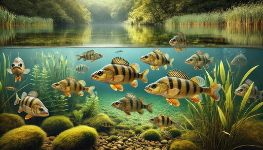 A group of perch fish swimming in a clear freshwater lake surrounded by aquatic plants and rocks.