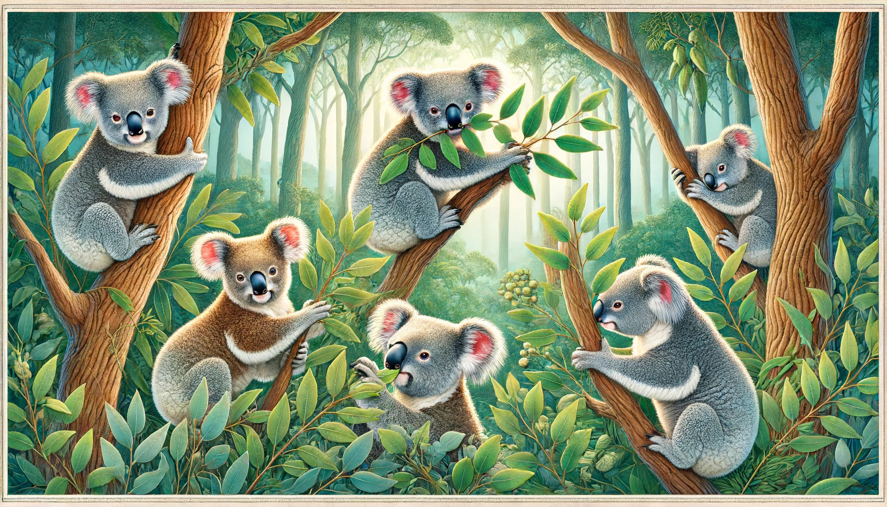 a detailed and charming scene of koalas in their natural eucalyptus forest habitat, capturing their endearing appearance and the serene beauty of their environment.