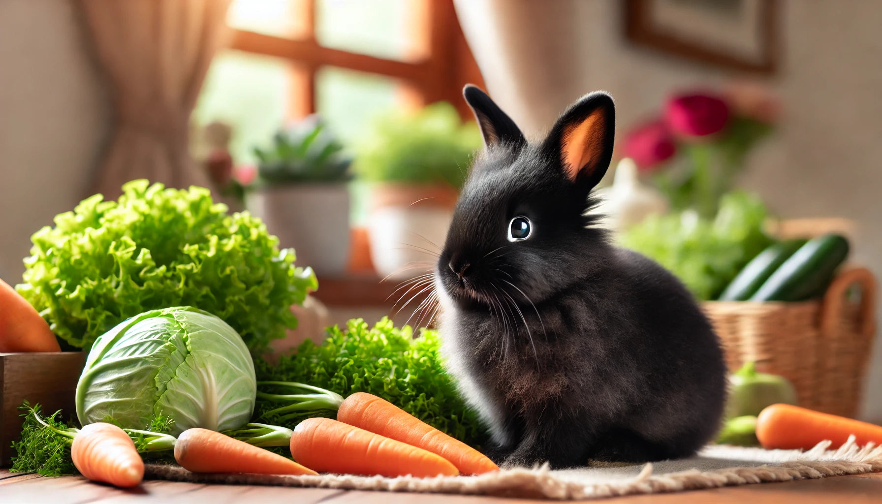 An adorable black rabbit with soft, glossy fur, surrounded by fresh vegetables such as carrots and leafy greens, in a cozy and inviting setting, showcasing its gentle and charming nature.