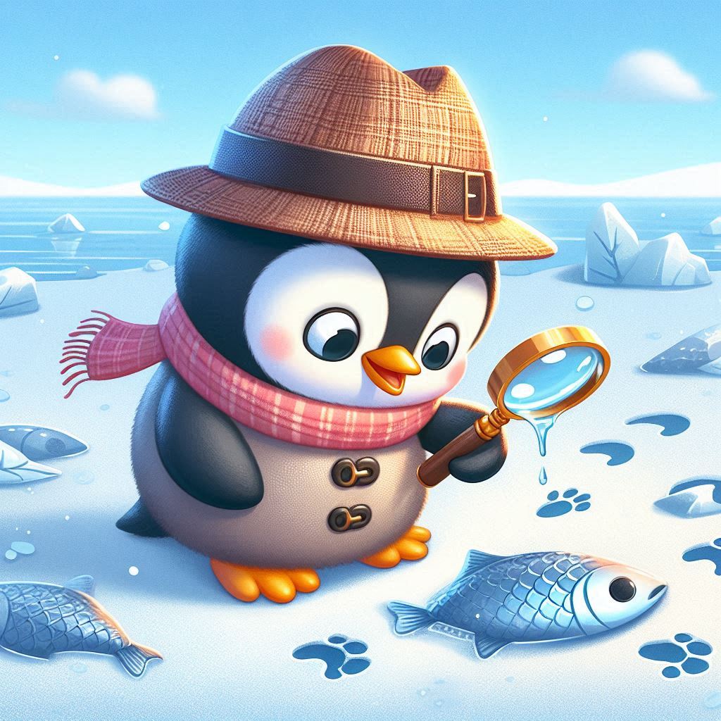 A cute illustration of a penguin wearing a brown hat and pink scarf, holding a magnifying glass and examining fish and paw prints on the icy ground. 