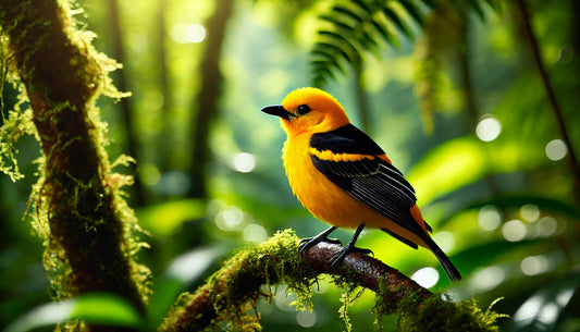 A Black-and-gold Tanager perched on a branch in a lush montane forest. 