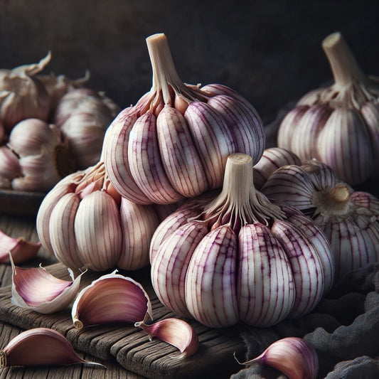 Close-up of large elephant garlic bulbs and cloves on a rustic wooden surface.