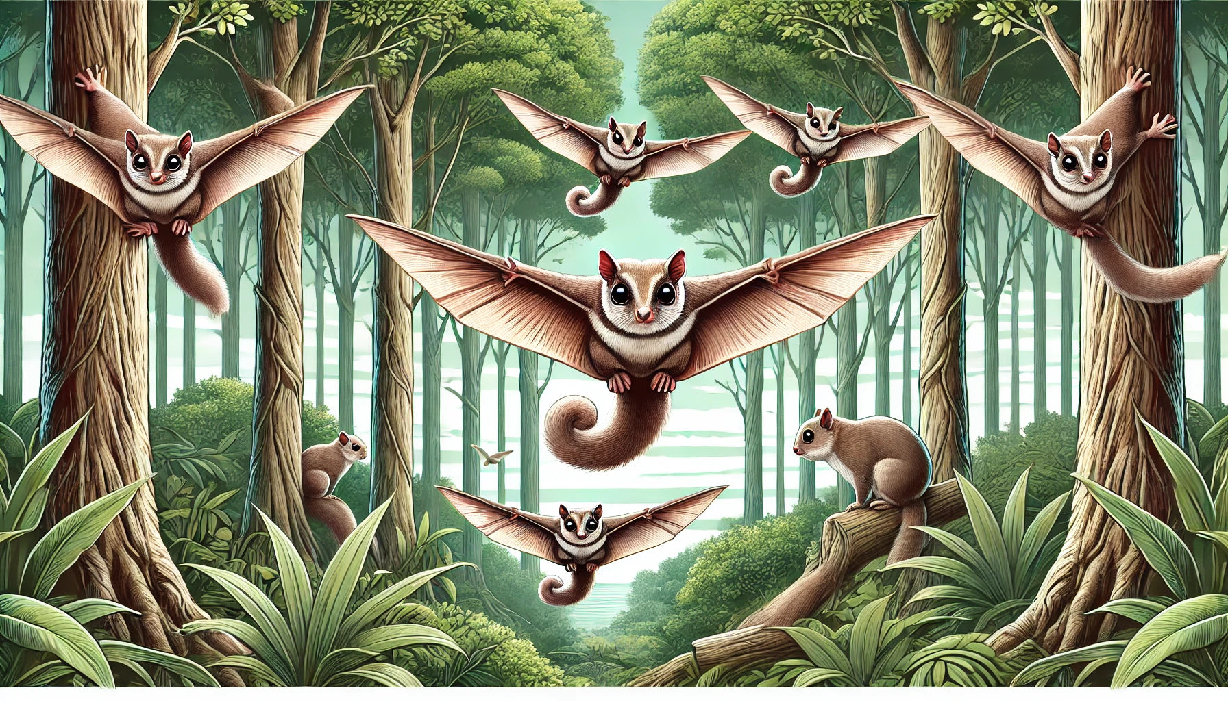 Illustration of several flying squirrels gliding between trees in their natural forest habitat. The scene includes a dense forest with tall trees, green foliage, and some open areas. 
