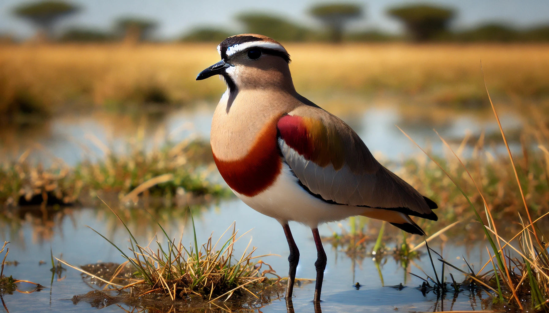 A Brown-chested Lapwing in its natural habitat. The bird is medium-sized with a chestnut-brown chest, white underparts, and a greyish-brown back.