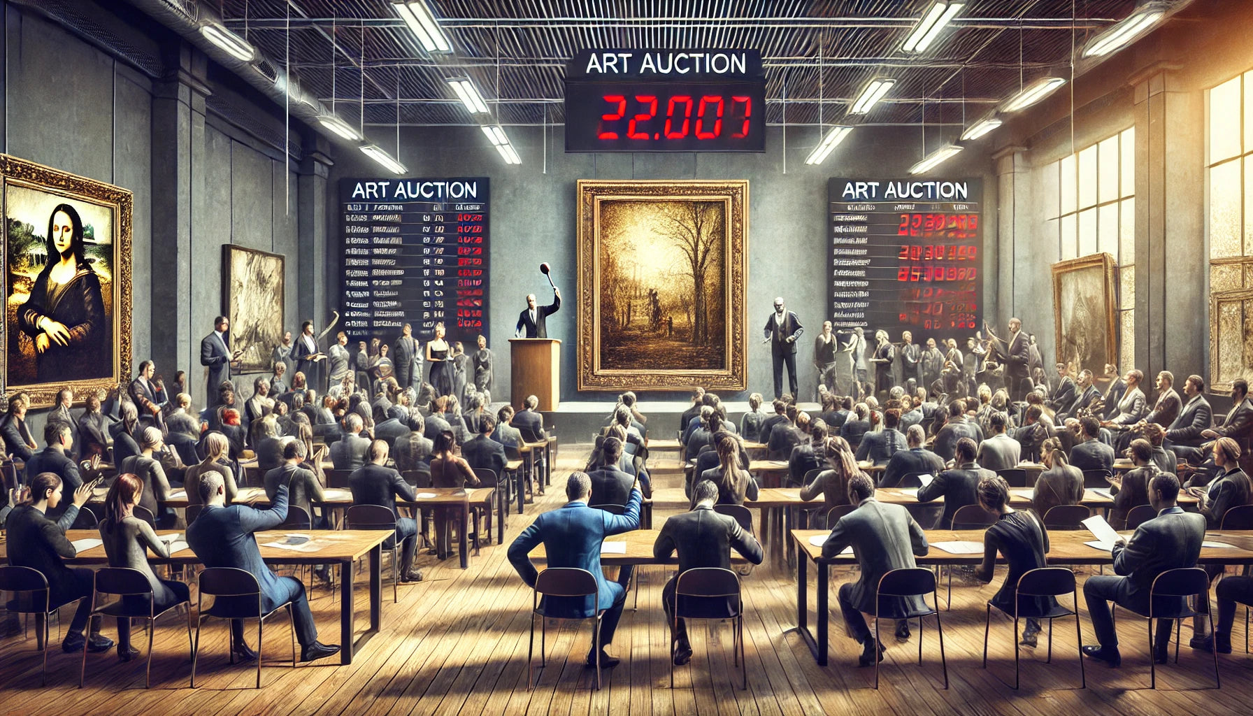 A dynamic scene of an art auction in a spacious auction house. The room is filled with people, some holding auction paddles ready to bid. 