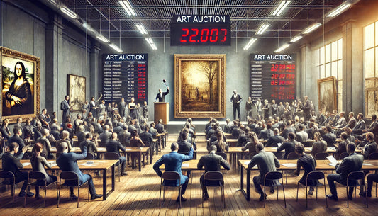 A dynamic scene of an art auction in a spacious auction house. The room is filled with people, some holding auction paddles ready to bid. 