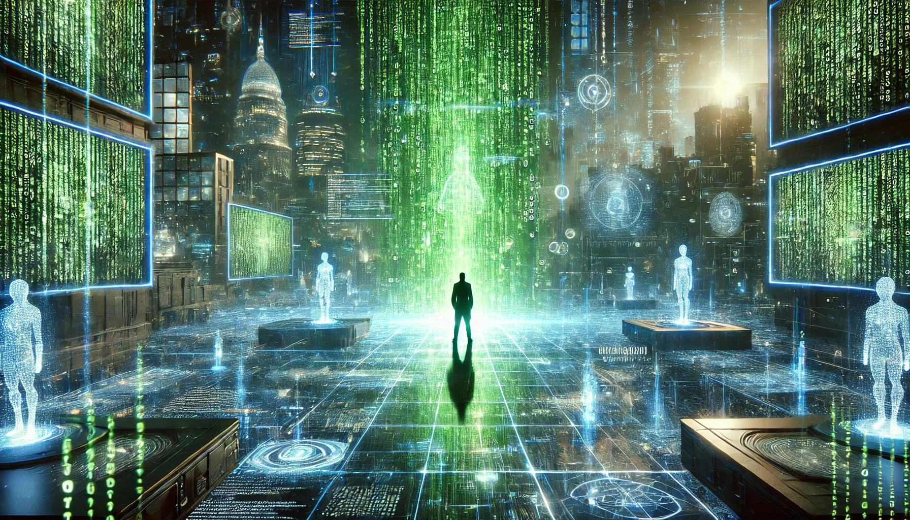 A futuristic scene inspired by the Matrix Theory. The image shows a human figure standing in a digital landscape filled with neon green binary code, reminiscent of ‘The Matrix’ film.