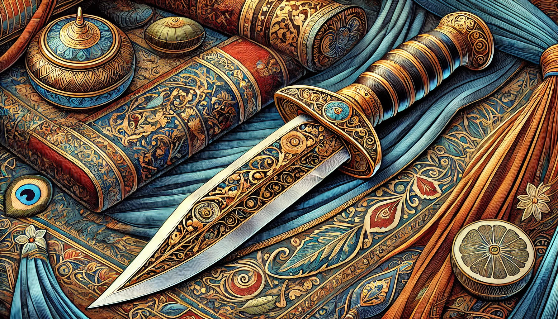 A detailed and vibrant illustration of a Katar, the traditional Indian push dagger. The image showcases the Katar’s distinctive horizontal grip, broad double-edged blade, and intricate gold inlay and engravings. 