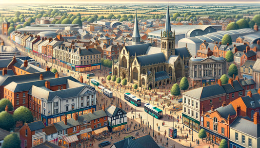Detailed view of Daventry, UK, showcasing its historic market square, modern shopping centers, and iconic landmarks like the Daventry Town Council building and Holy Cross Church.