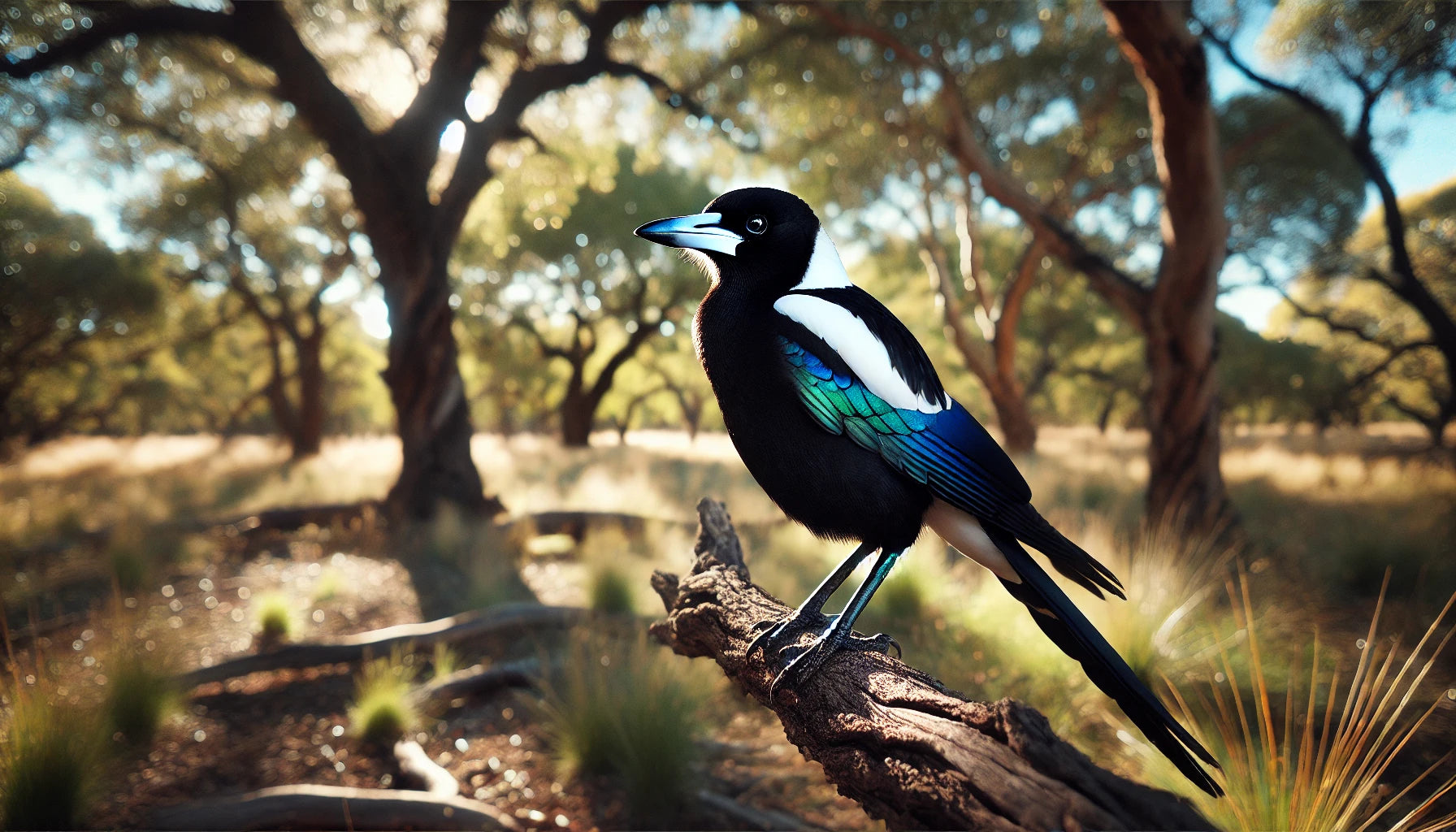 A Black-billed Magpie perched on a branch in an open woodland. The bird has striking black and white plumage with iridescent blue and green highlights on its wings and tail. 