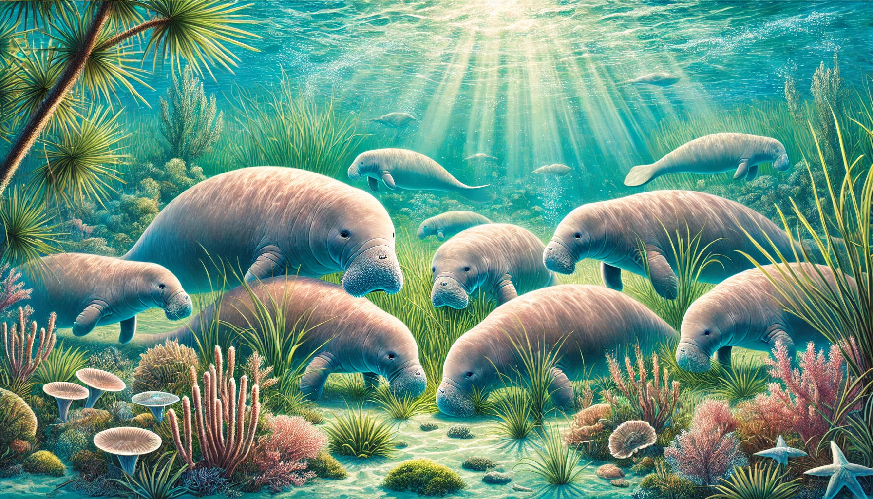 Illustration of several dugongs grazing on seagrass in a shallow, clear coastal water environment. The scene includes underwater vegetation, coral reefs, and sunlight filtering through the water. 