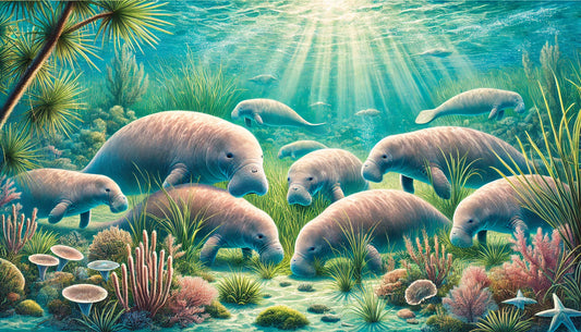 Illustration of several dugongs grazing on seagrass in a shallow, clear coastal water environment. The scene includes underwater vegetation, coral reefs, and sunlight filtering through the water. 