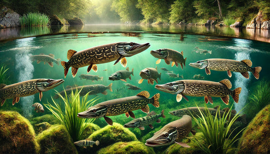 A group of pike fish swimming in a clear freshwater lake surrounded by aquatic plants and rocks. The image features various species including the Northern Pike with its elongated body and olive green coloration.