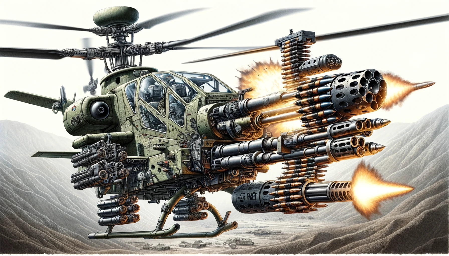 Detailed illustration of an M134 mini gun mounted on a military helicopter. The gun features multiple rotating barrels, an electric motor, and a linked belt feed system.