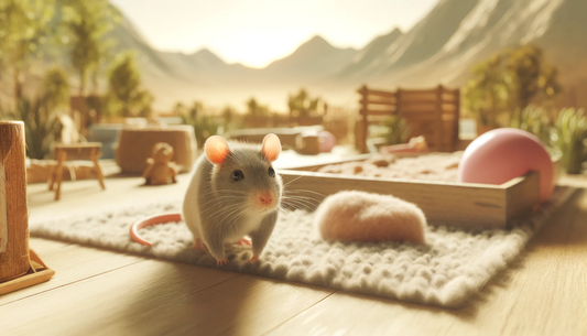 a clean, comfortable environment with bedding, toys, and natural elements. The rat appears healthy, friendly, and curious, exploring its surroundings.