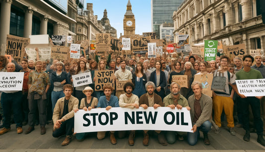 This image shows a diverse group of activists holding signs with slogans such as “Stop New Oil,” “Climate Action Now,” and “Save Our Planet,” standing together in a busy urban setting.