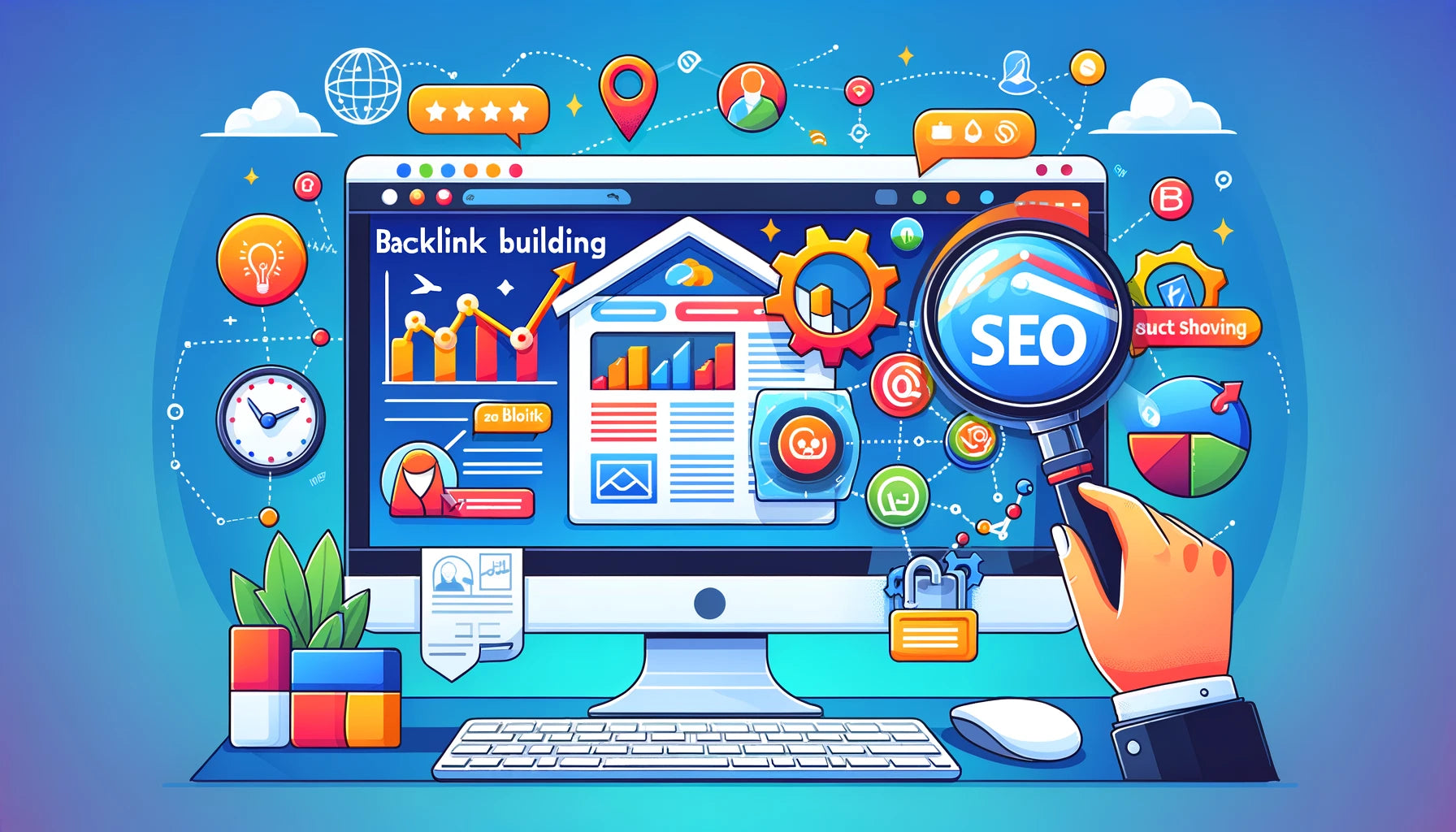Digital illustration of a computer screen displaying a website with elements representing backlink building strategies