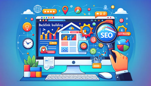 Digital illustration of a computer screen displaying a website with elements representing backlink building strategies
