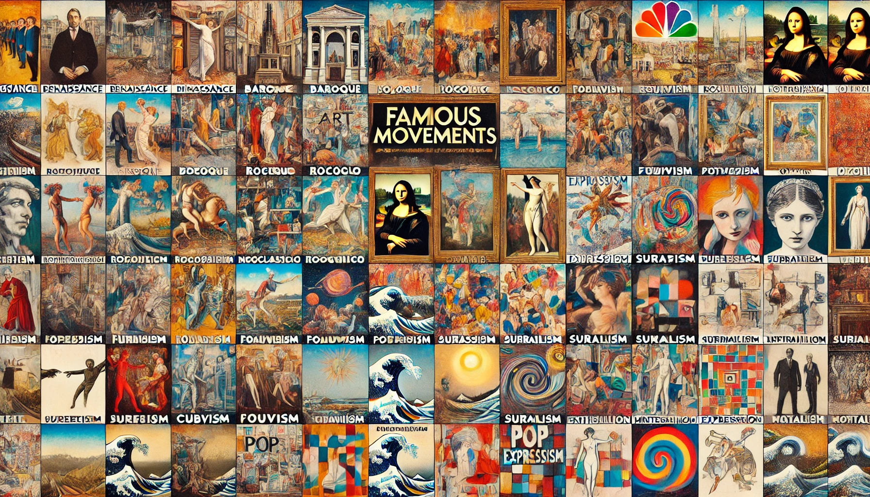 A collage of famous art movements showcasing various styles and techniques. 