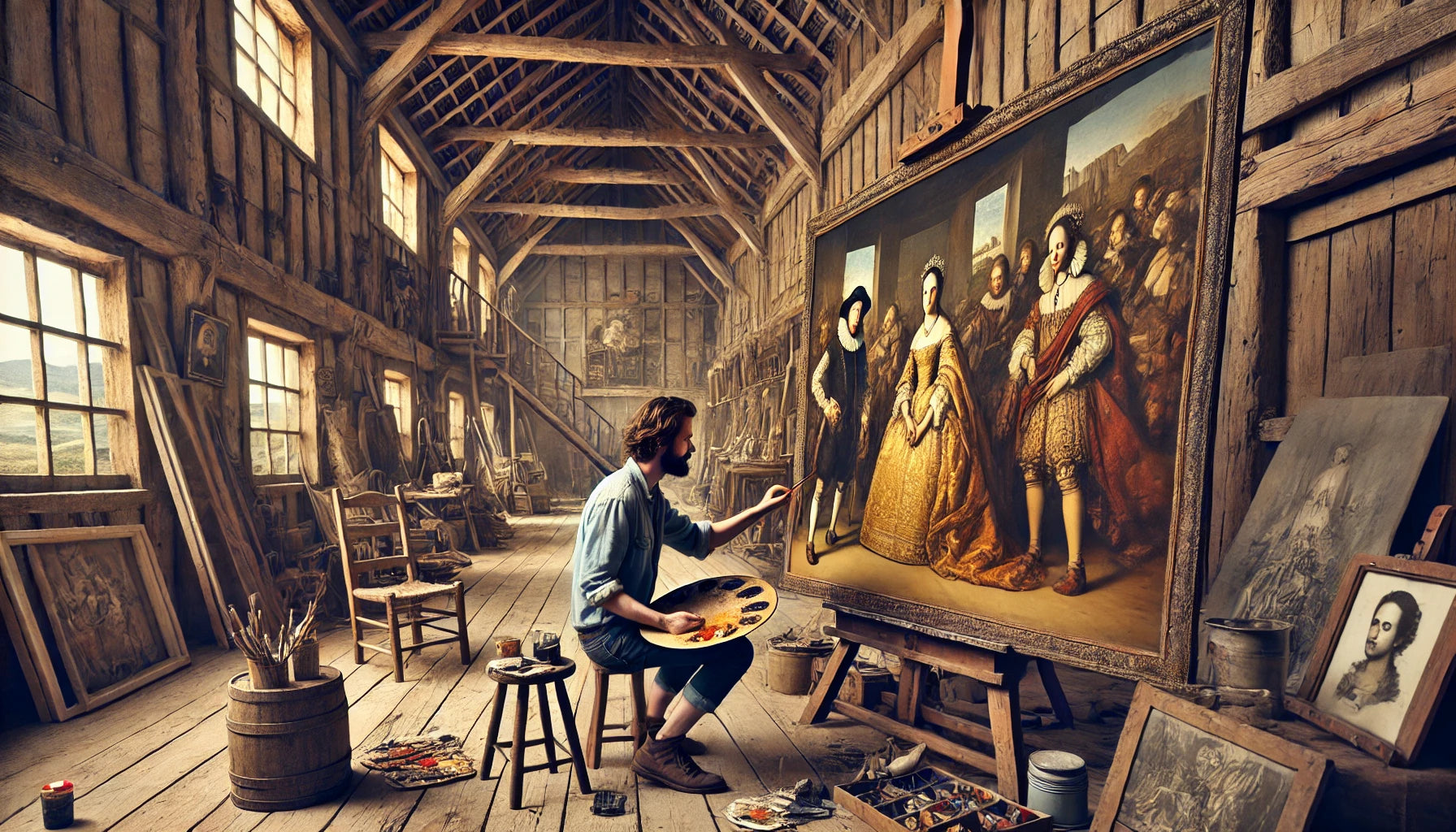 An artist painting a detailed version of Diego Velázquez’s “Las Meninas” on a large wall inside a rustic barn. 