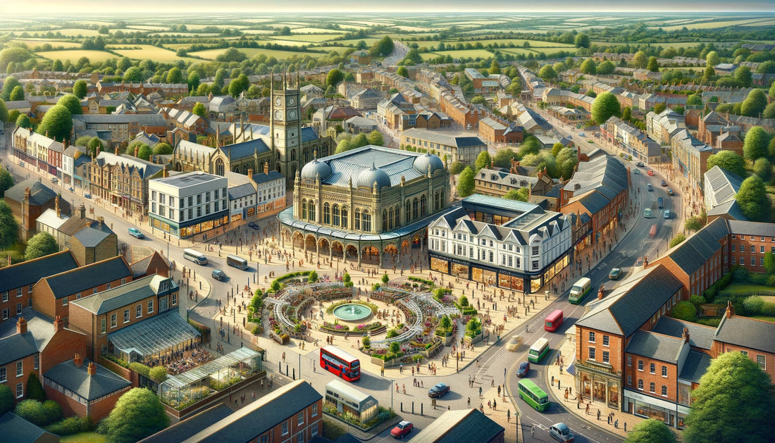 Detailed view of Rushden, Northamptonshire, showcasing its historic market square, modern shopping centers, and iconic landmarks like Rushden Hall and the Rushden Lakes Shopping Centre.