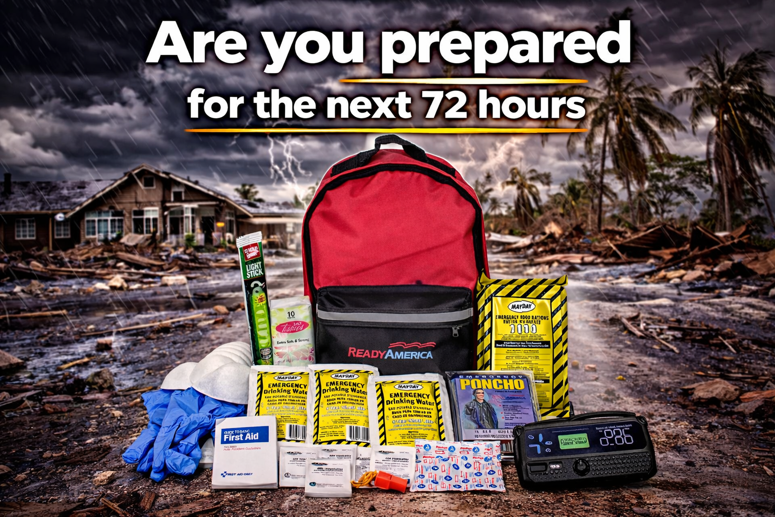 Emergency hurricane preparedness image featuring a red Ready America survival kit with food rations, water pouches, poncho, first aid items, and gloves in the center against a storm-damaged background