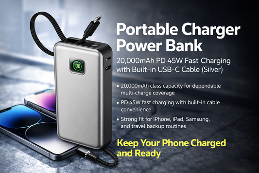 Portable Charger Power Bank hero image showing a silver 20,000mAh PD 45W fast-charging power bank with built-in USB-C cable standing beside a smartphone on a dark blue background.