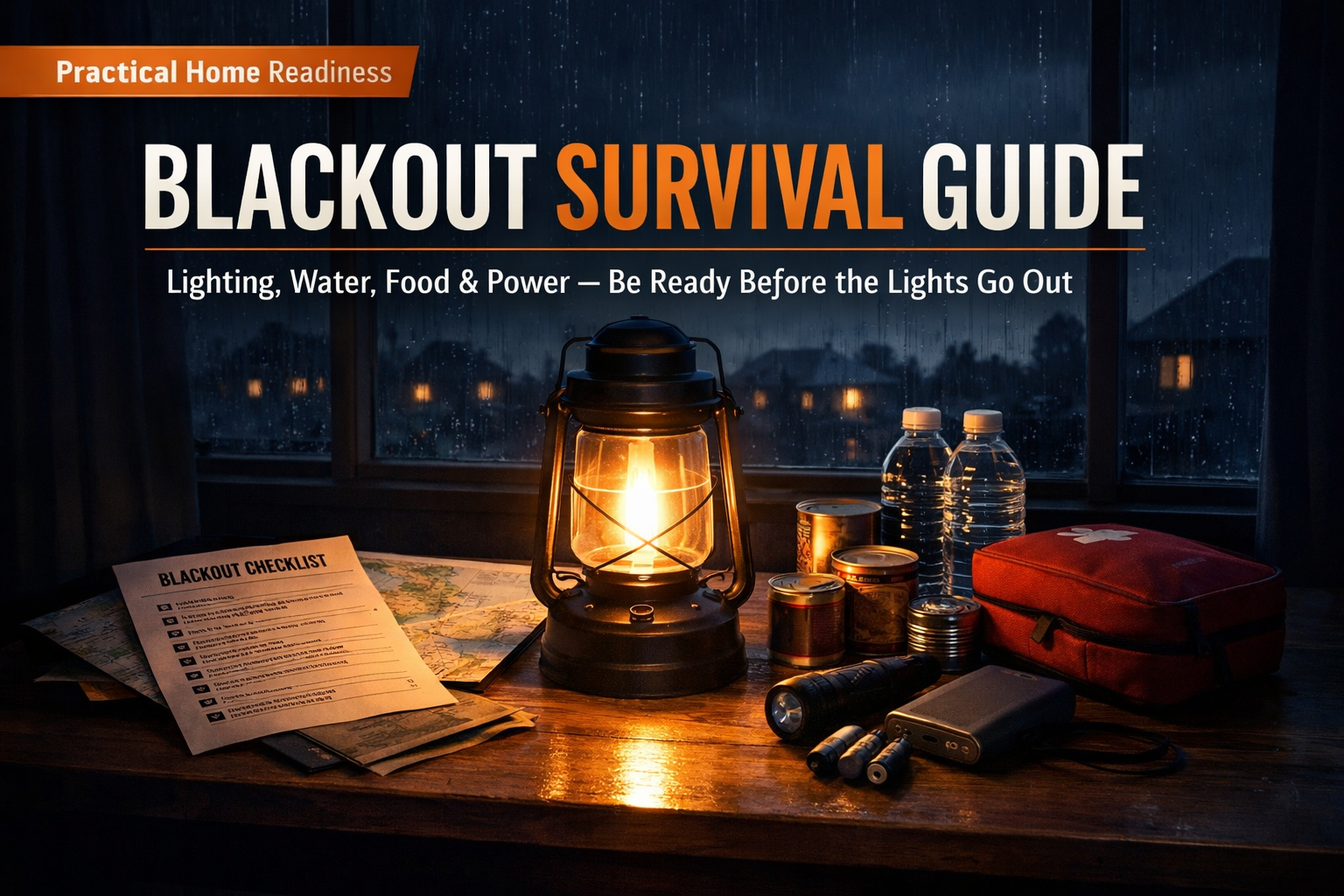Blackout survival guide cover with lantern, emergency supplies, and stormy window scene.