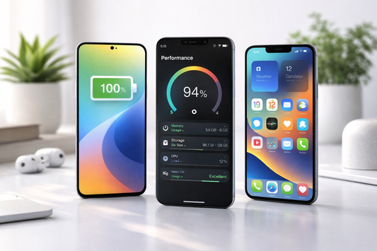 Smartphones showing battery life and performance comparison on screen