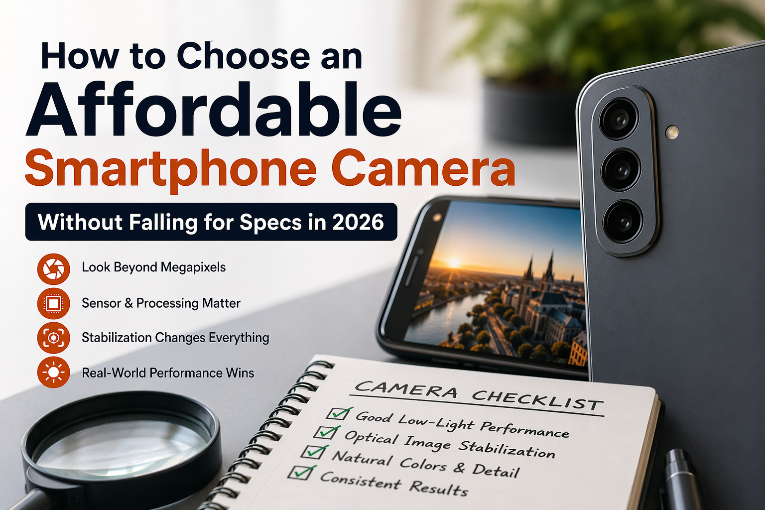 Affordable smartphone camera guide hero image with phone lenses, checklist, and real-world buying tips for 2026.