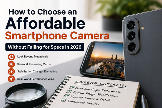Affordable smartphone camera guide hero image with phone lenses, checklist, and real-world buying tips for 2026.