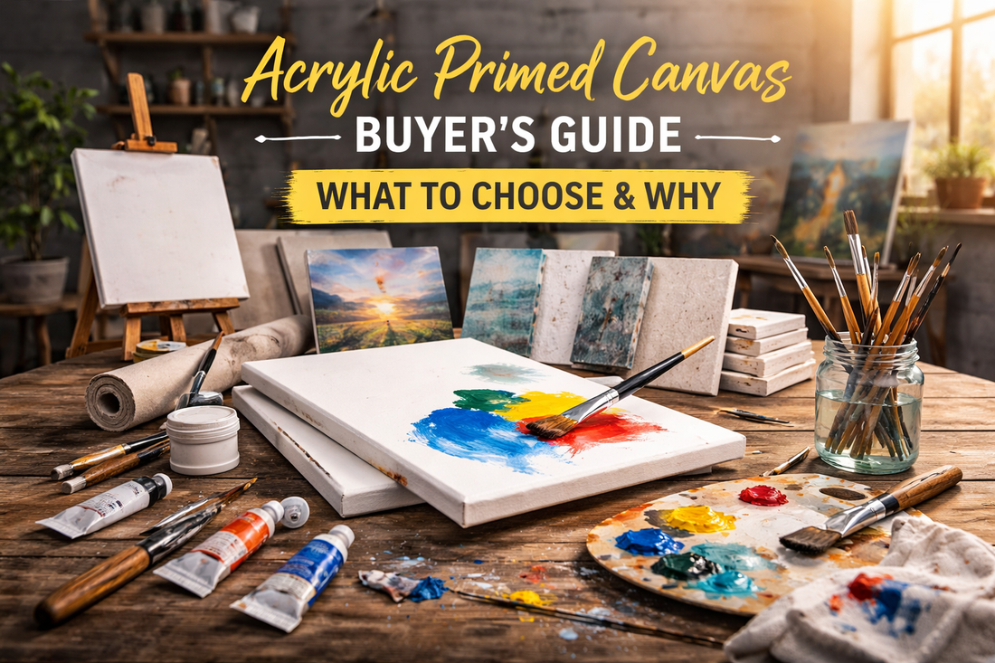 Artist’s studio scene with stacked acrylic primed canvases, paintbrushes, palette knives, and acrylic paints on a wooden table in warm natural light.
