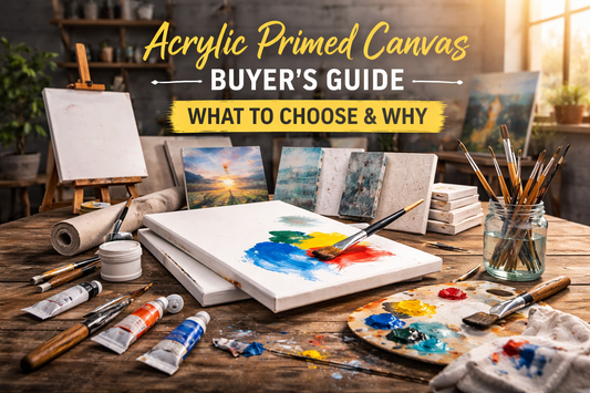 Artist’s studio scene with stacked acrylic primed canvases, paintbrushes, palette knives, and acrylic paints on a wooden table in warm natural light.
