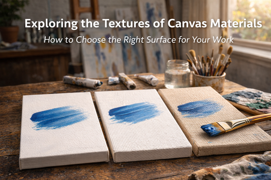 three canvas surfaces with blue brushstrokes on a wooden studio table beside brushes in warm natural light.
