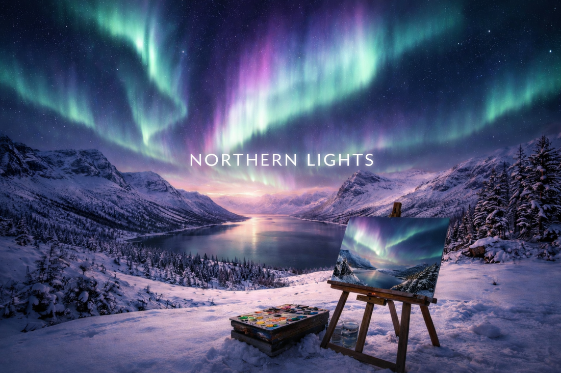 image of the Northern Lights over a snowy mountain fjord with an easel and painted canvas in the foreground.