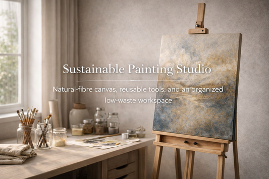 Sustainable painting studio with natural-fibre canvas, reusable tools, and an organised low-waste workspace
