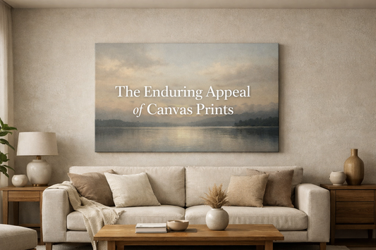 Large canvas print displayed above a neutral sofa in a calm modern interior with soft natural light