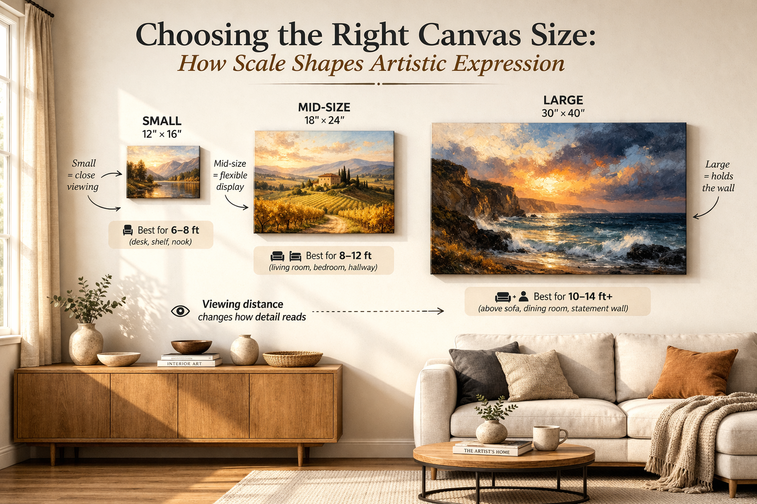 Infographic-style interior image titled “Choosing the Right Canvas Size: How Scale Shapes Artistic Expression,” comparing small, mid-size, and large canvases