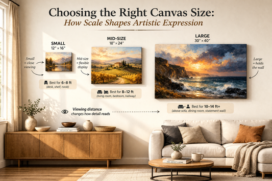 Infographic-style interior image titled “Choosing the Right Canvas Size: How Scale Shapes Artistic Expression,” comparing small, mid-size, and large canvases