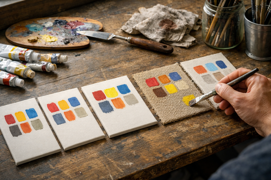 Painter testing small paint swatches on different canvas samples at a studio table.