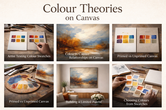 Landscape collage titled Colour Theories on Canvas showing six scenes about colour palette testing, canvas texture, surface comparison, palette planning, and finished artwork display.