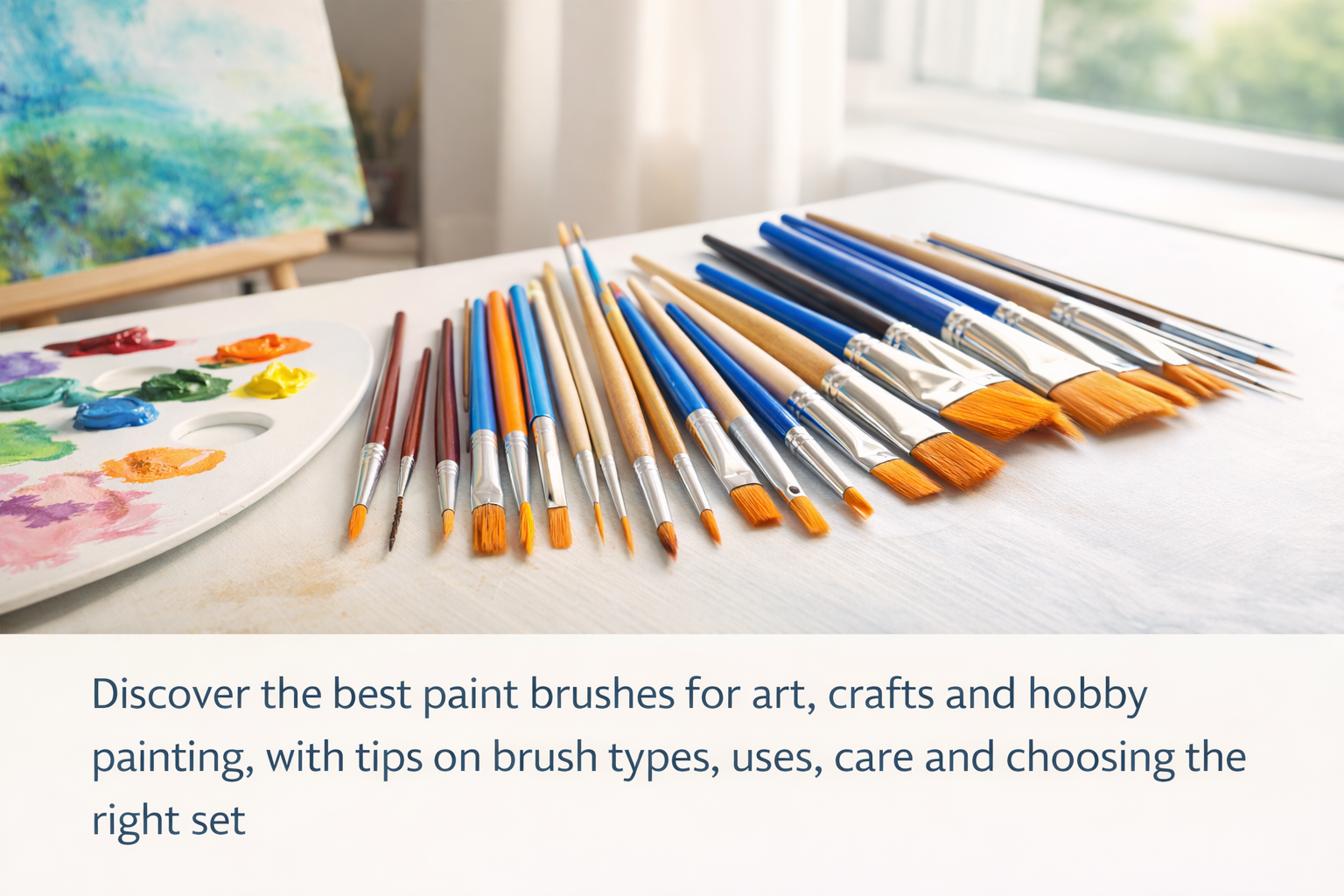 Assorted paint brushes arranged on a clean artist’s desk beside a paint palette and canvas, shown in a bright landscape blog header image.