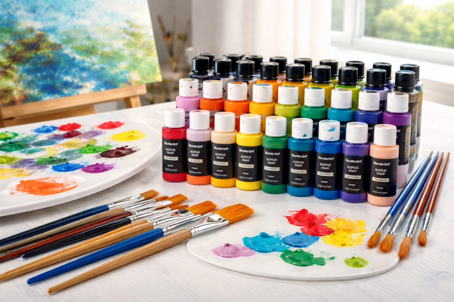 Colourful acrylic paint set with multiple paint bottles, brushes, and palette arranged on an artist’s desk in a bright landscape blog header image.