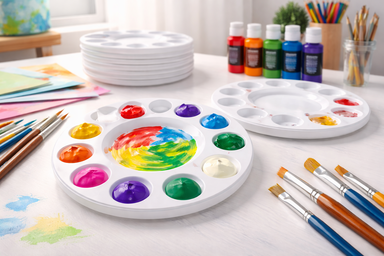 White round paint tray palettes with colourful paint and brushes arranged on a bright art table in a landscape blog header image.