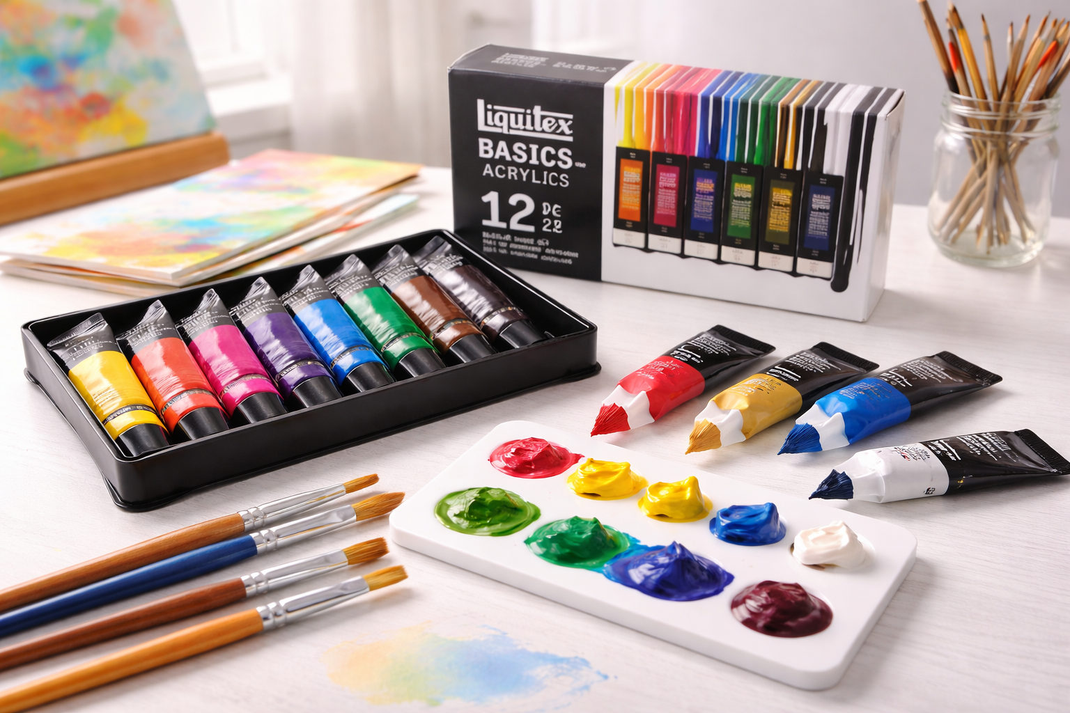Twelve colourful acrylic paint tubes with brushes and palette arranged on a bright artist’s desk in a landscape blog header image.