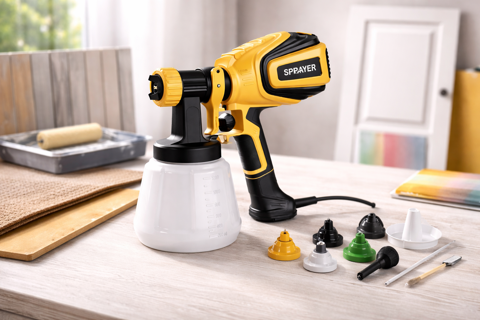 Yellow and black electric paint sprayer with nozzles and accessories on a clean DIY workspace in a landscape blog header image.