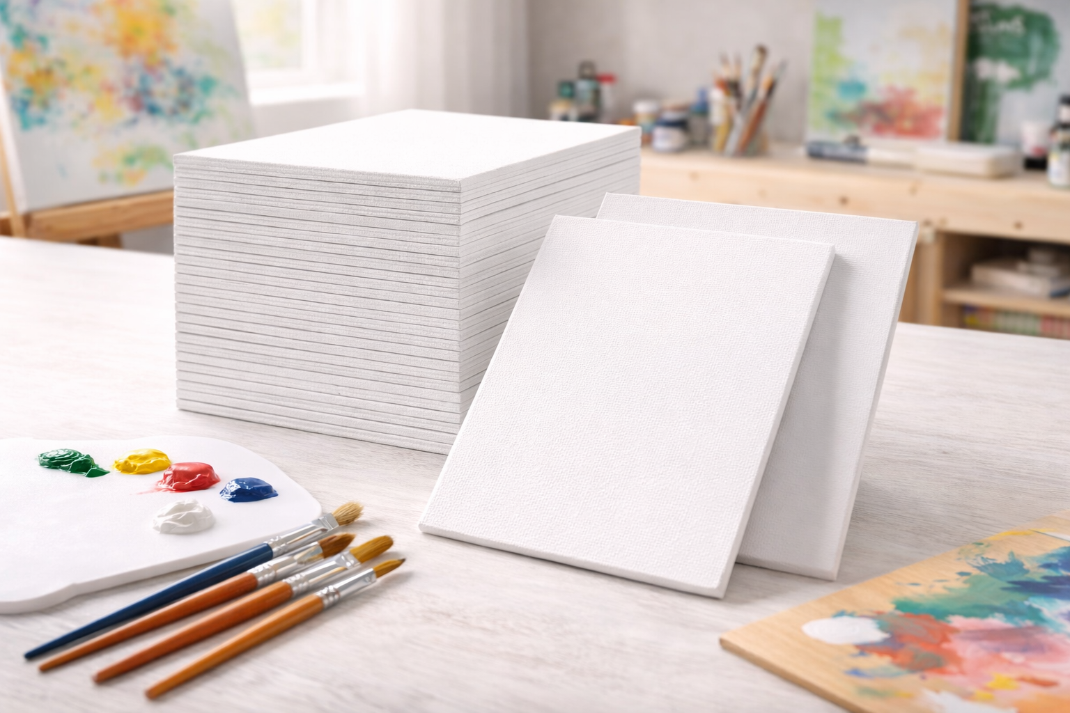 Stack of blank 8x10 canvas boards with brushes and paint supplies on a bright artist’s workspace in a landscape blog header image.