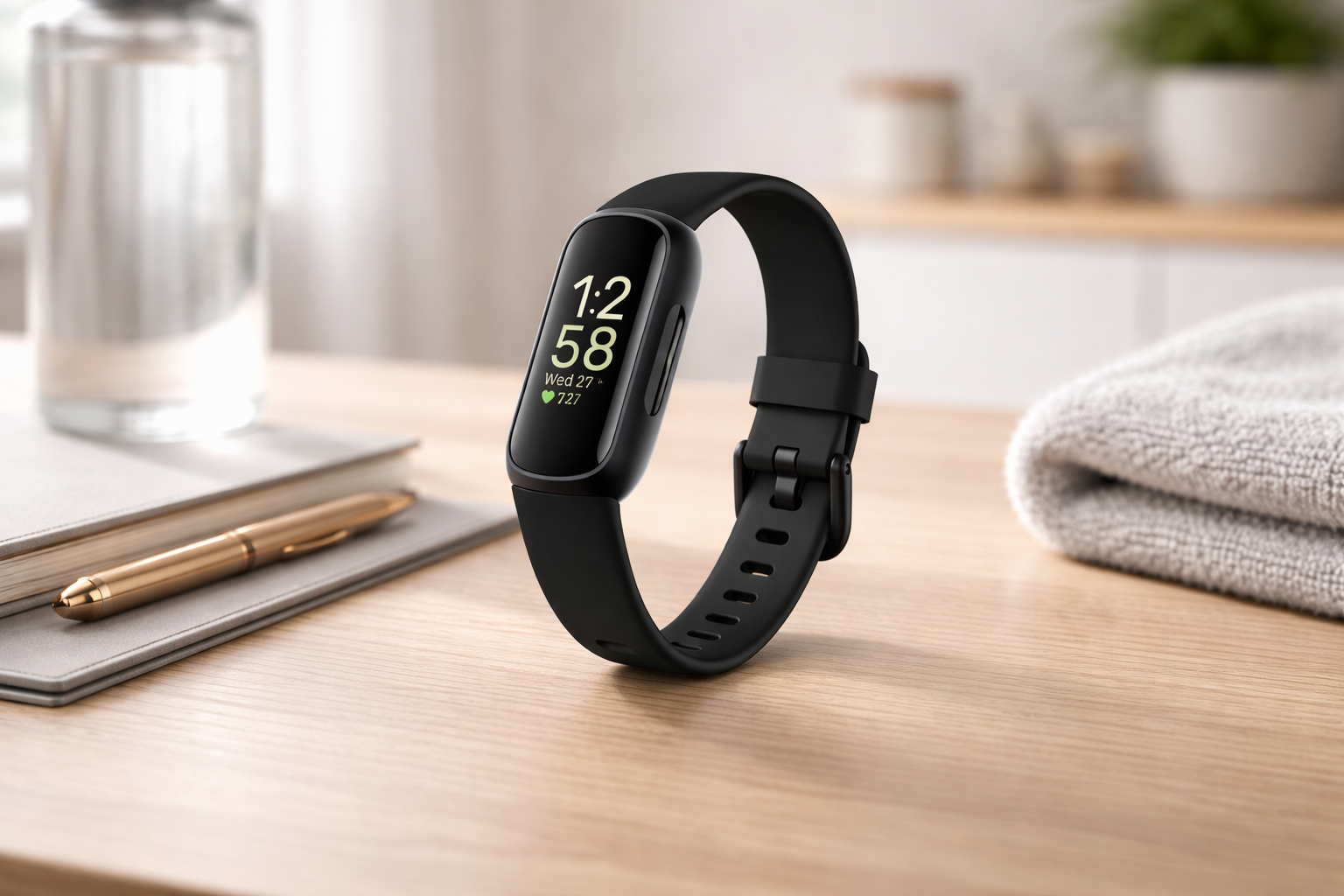 Fitbit Inspire 3 fitness tracker with black band displayed in a modern wellness workspace setting.